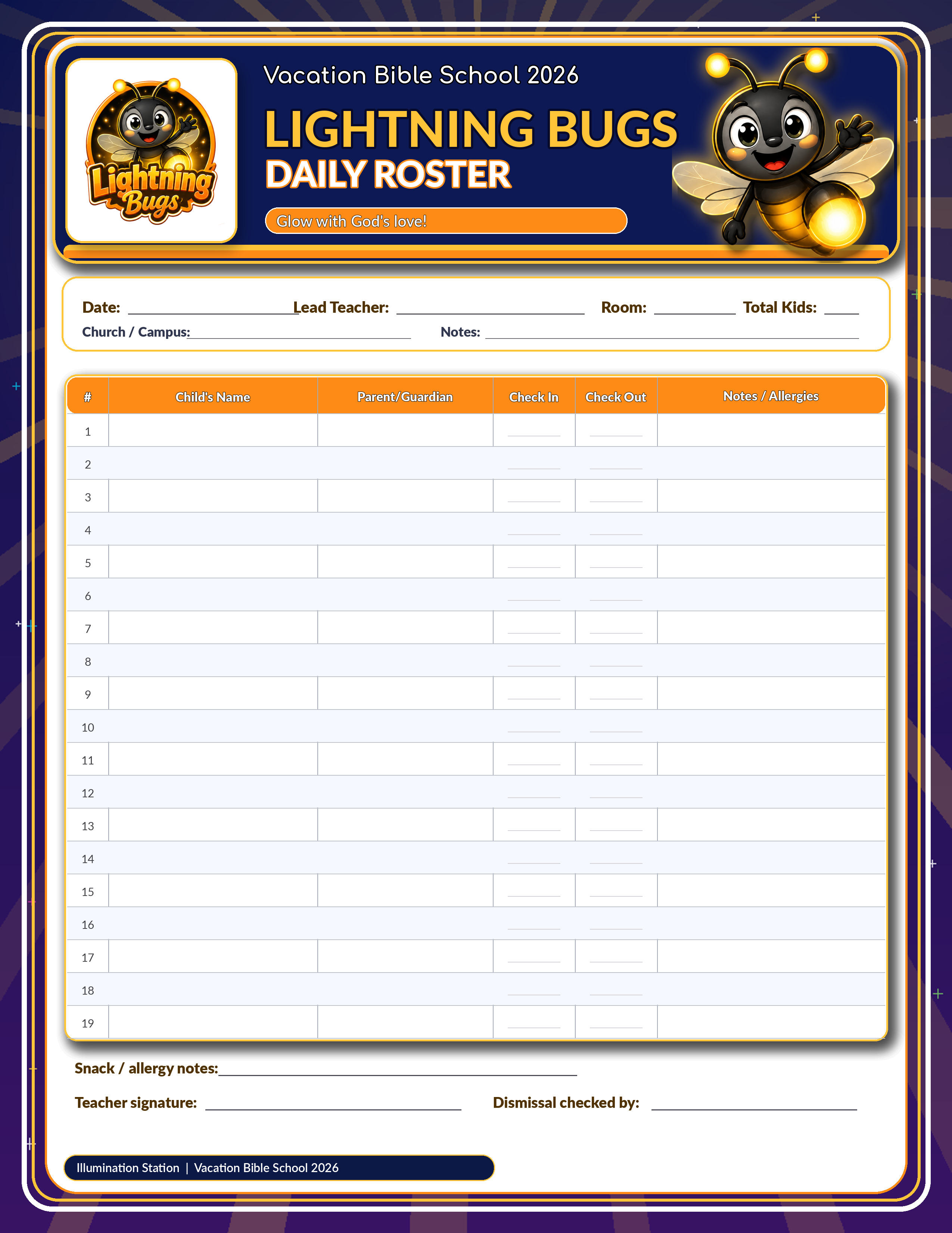 Lightning Bugs daily roster JPG preview