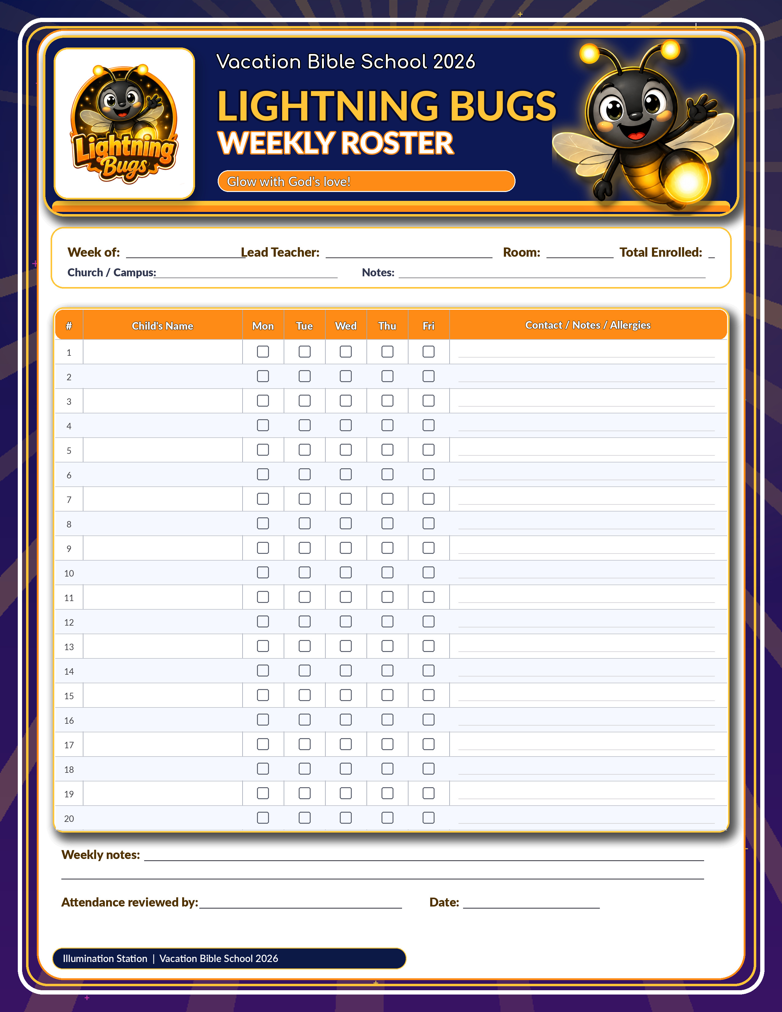 Lightning Bugs weekly roster JPG preview
