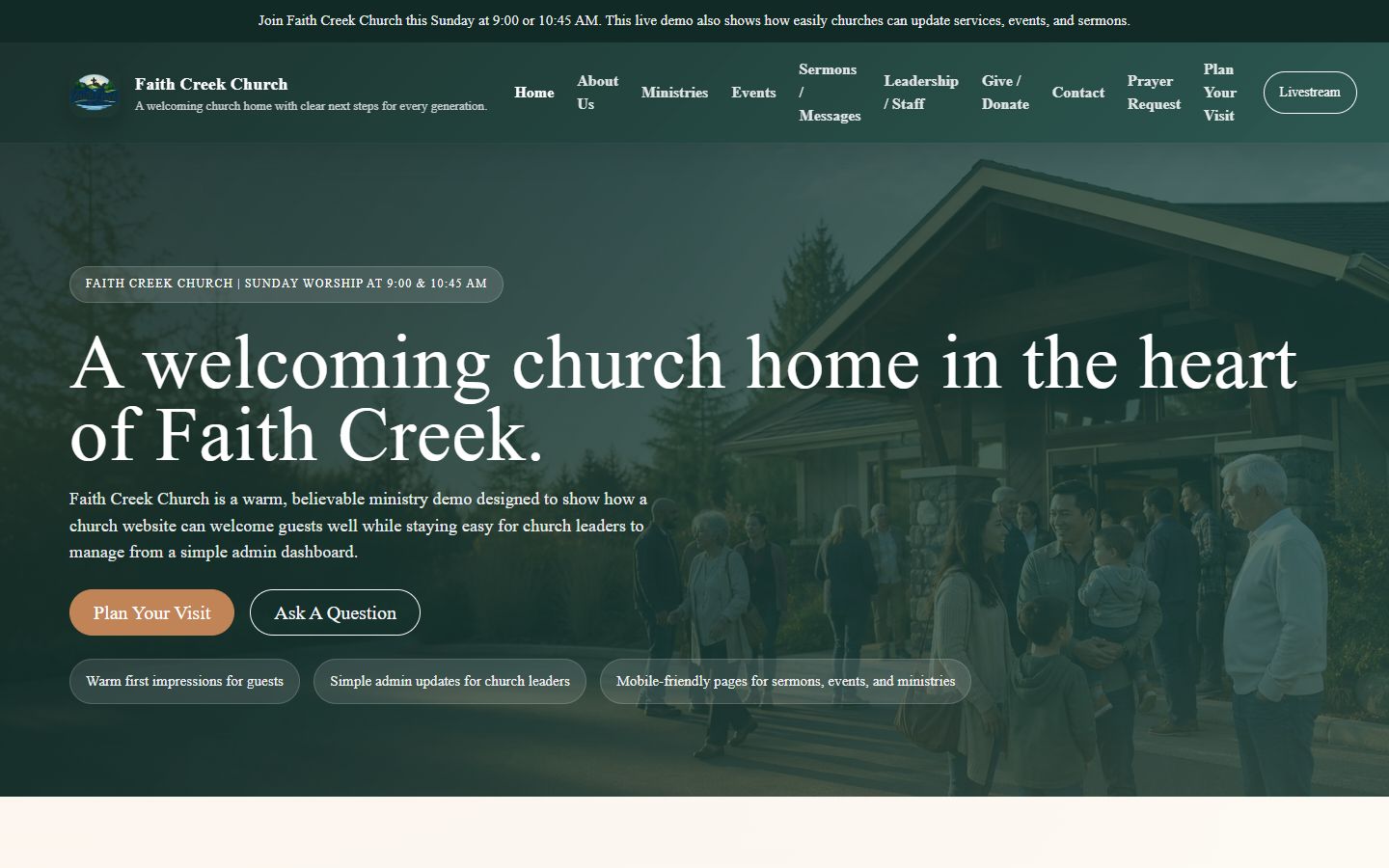 Faith Creek Church website homepage shown at desktop size
