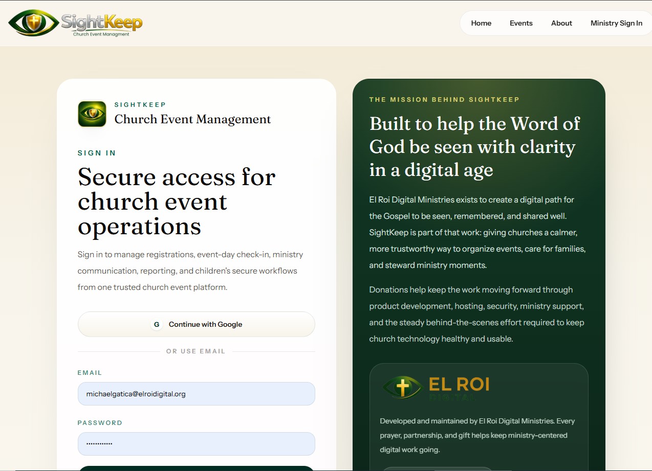SightKeep secure sign-in page