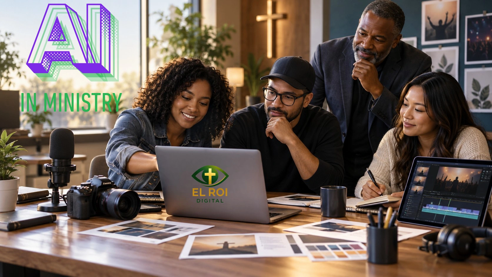 AI in Ministry: useful assistance without replacing the work of the Spirit. A church media team reviews design, communication, and video materials.