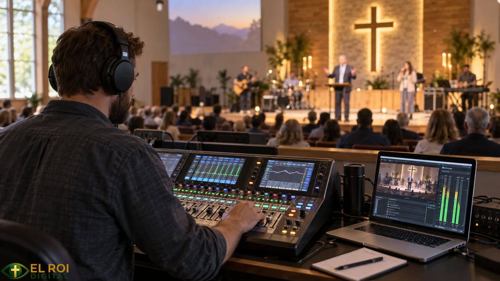 Illustrative church volunteer monitoring livestream audio at a mixing console.