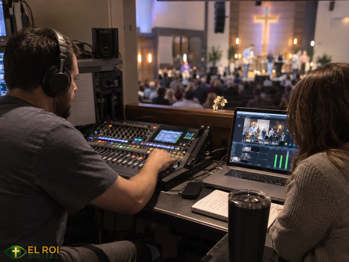 Illustrative church volunteers monitoring a console and livestream computer during a service.