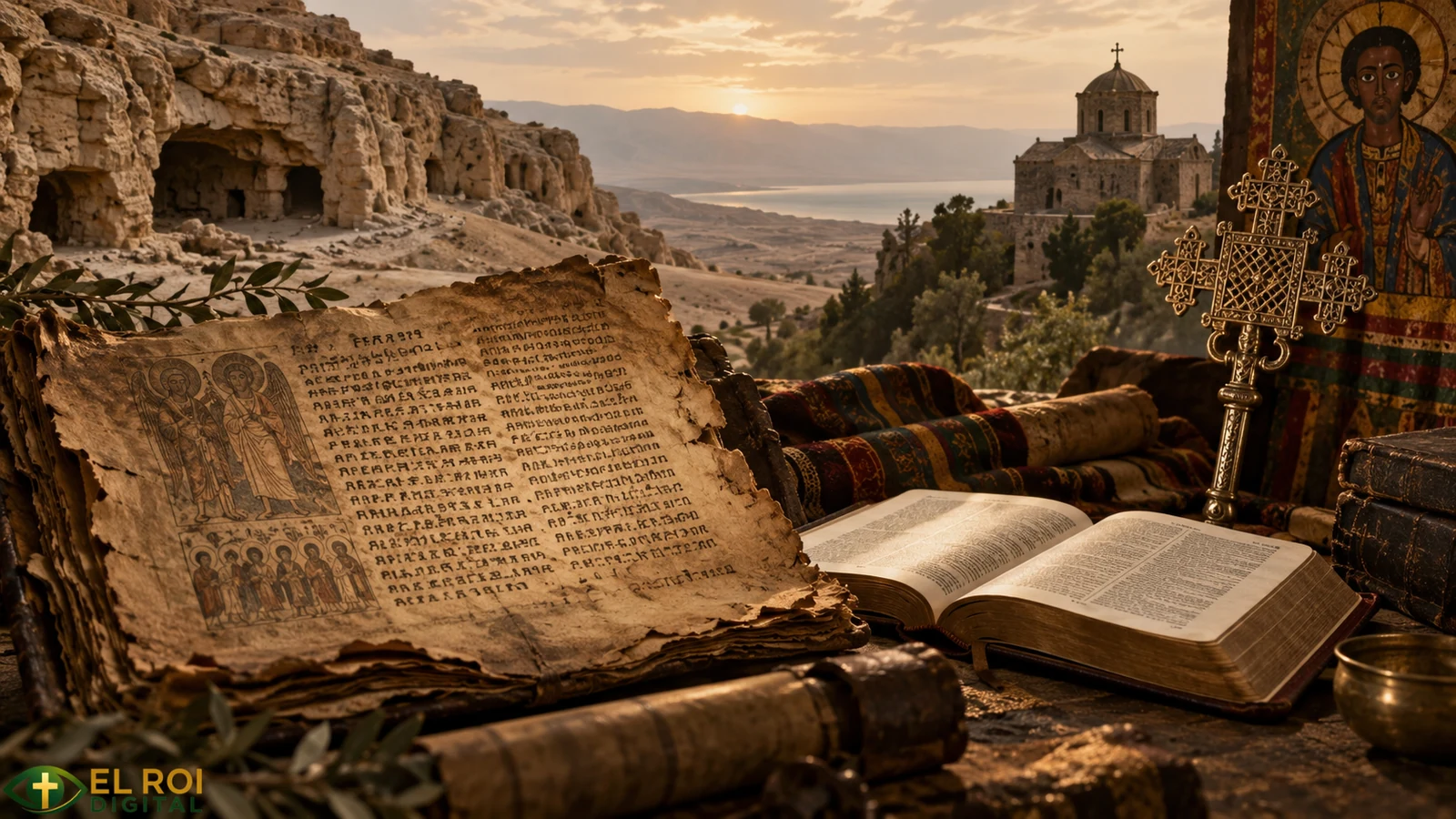 Illustrative ancient manuscript and Bible beside Ethiopian Christian symbols.