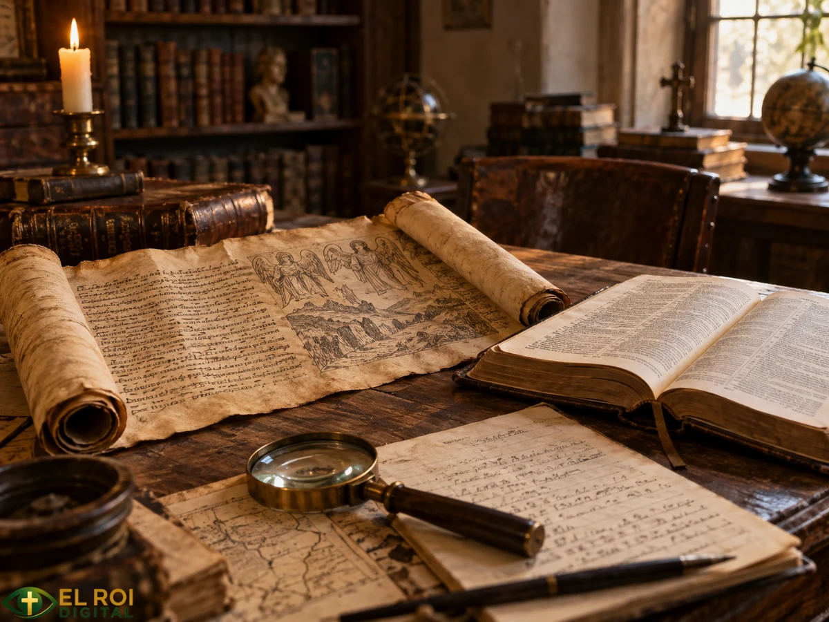 Illustrative study setting with manuscripts, an open Bible, and notes for comparative reading.