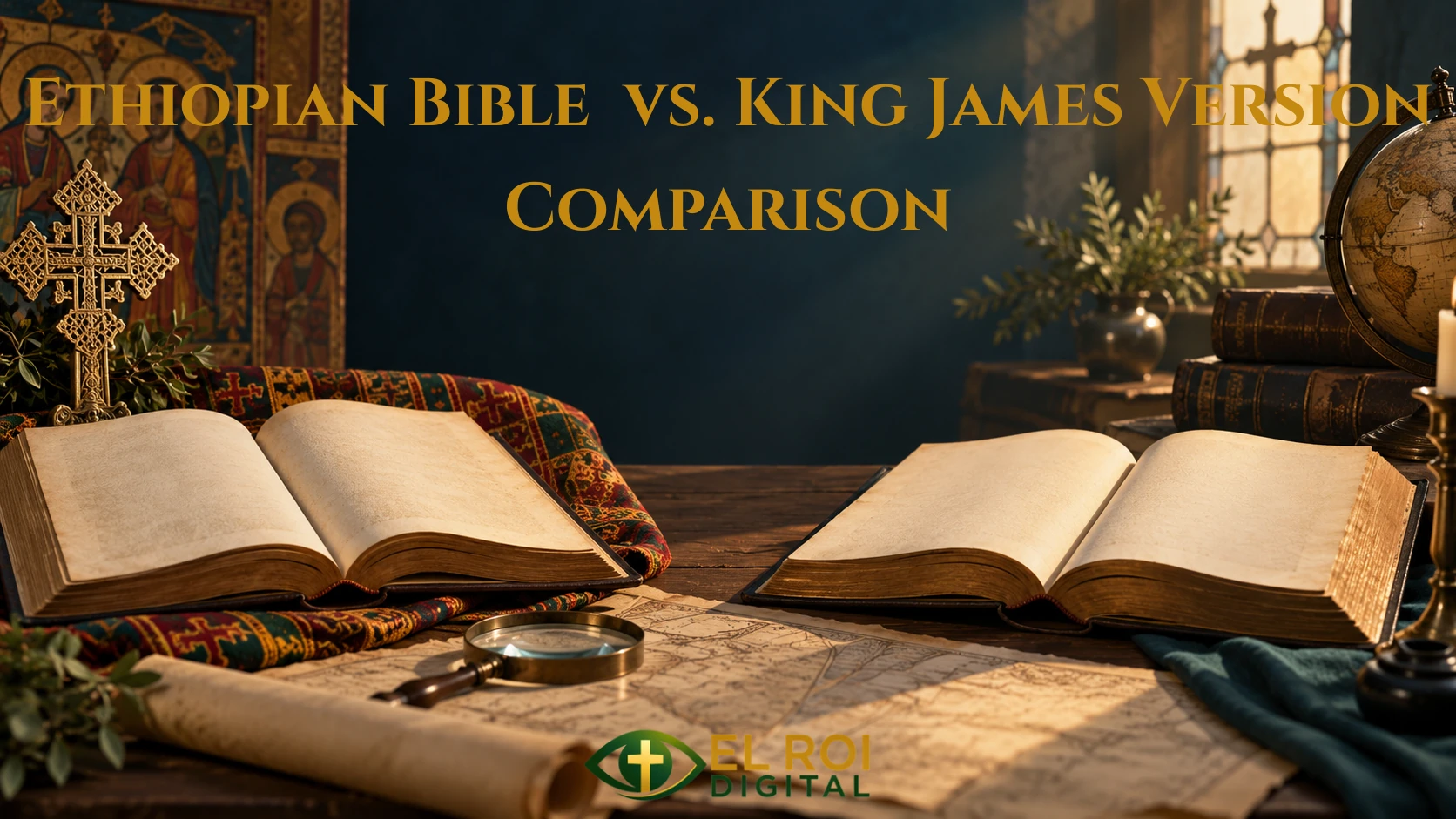 Open Bibles and historical study materials representing a respectful comparison of Ethiopian Orthodox Tewahedo and King James Bible traditions.