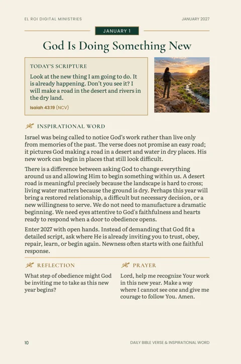 Actual January 1 page showing Isaiah 43:19, the illustration, inspirational reflection, personal question, and prayer