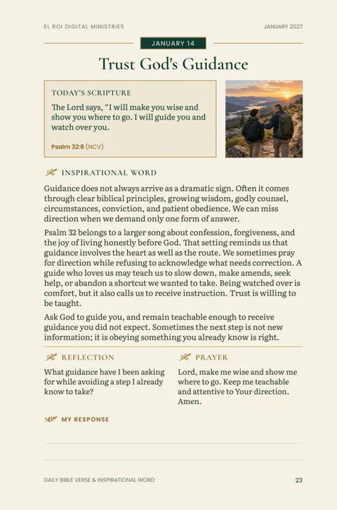 Actual January 14 devotional page with Proverbs 3:6, reflection, prayer, and response lines