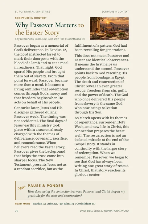 Actual Scripture in Context feature with Passover and Easter background, illustration, reflection, and Bible references