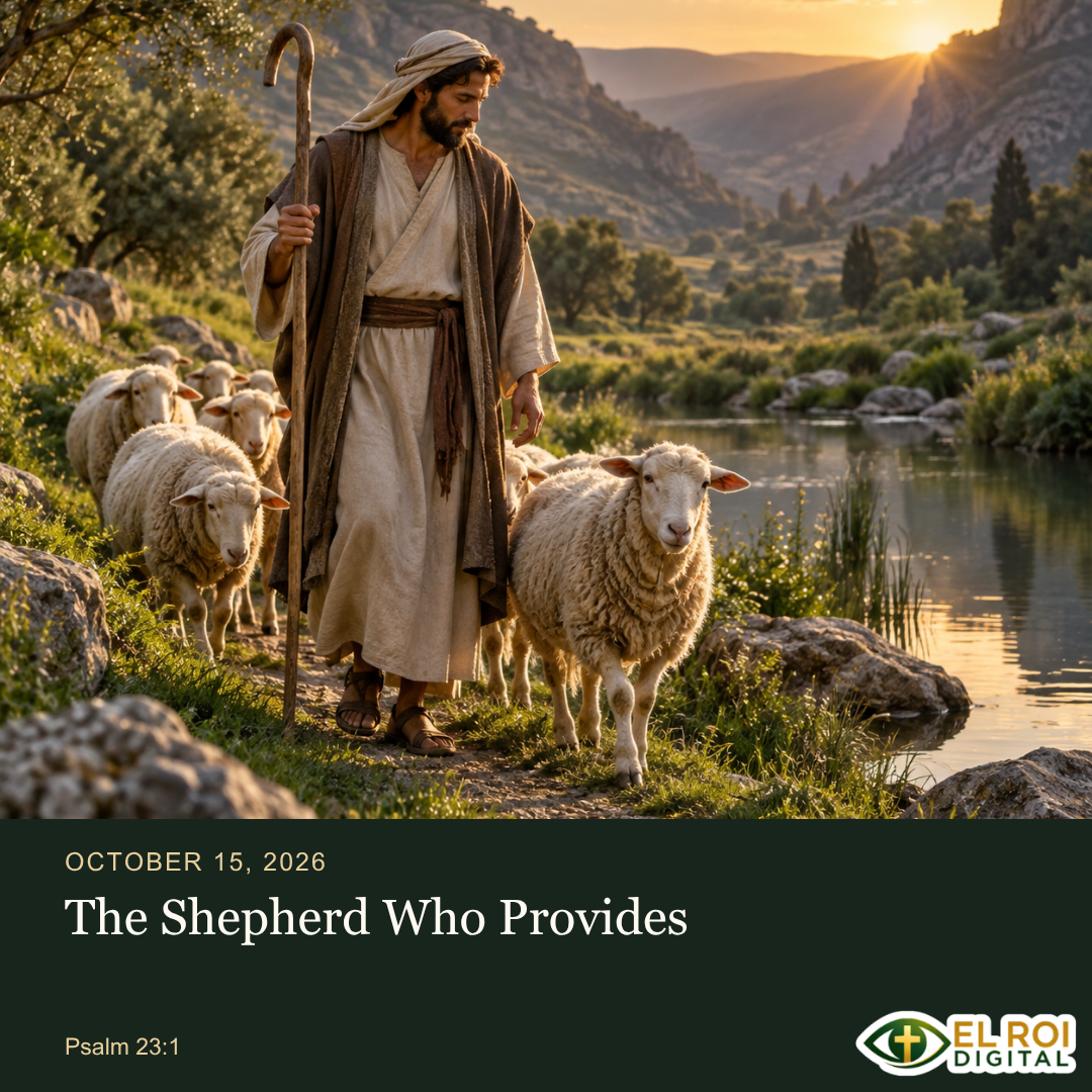 2026-10-15: The Shepherd Who Provides — Psalm 23:1. El Roi Digital devotional artwork.
