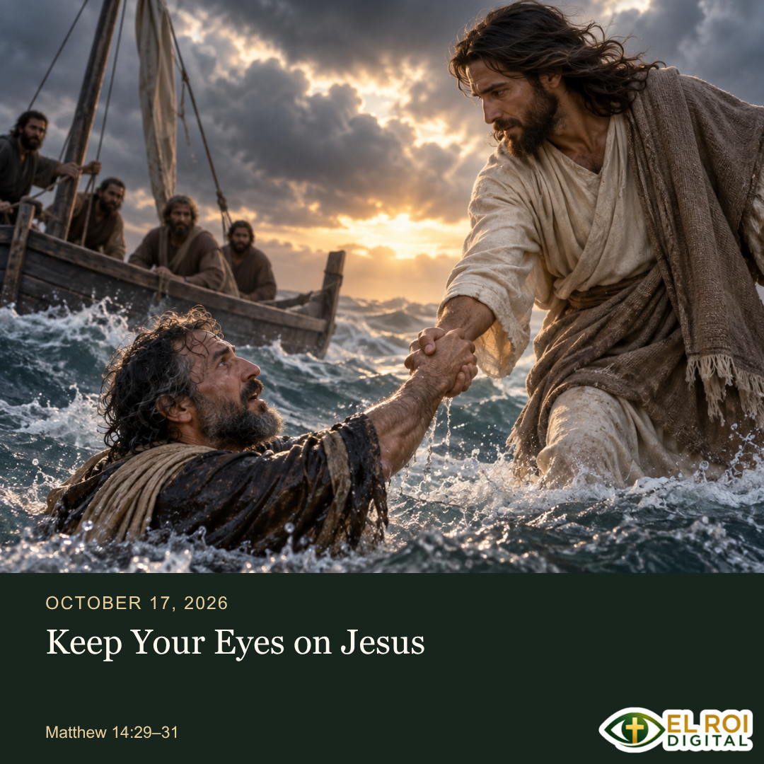 2026-10-17: Keep Your Eyes on Jesus — Matthew 14:29–31. El Roi Digital devotional artwork.
