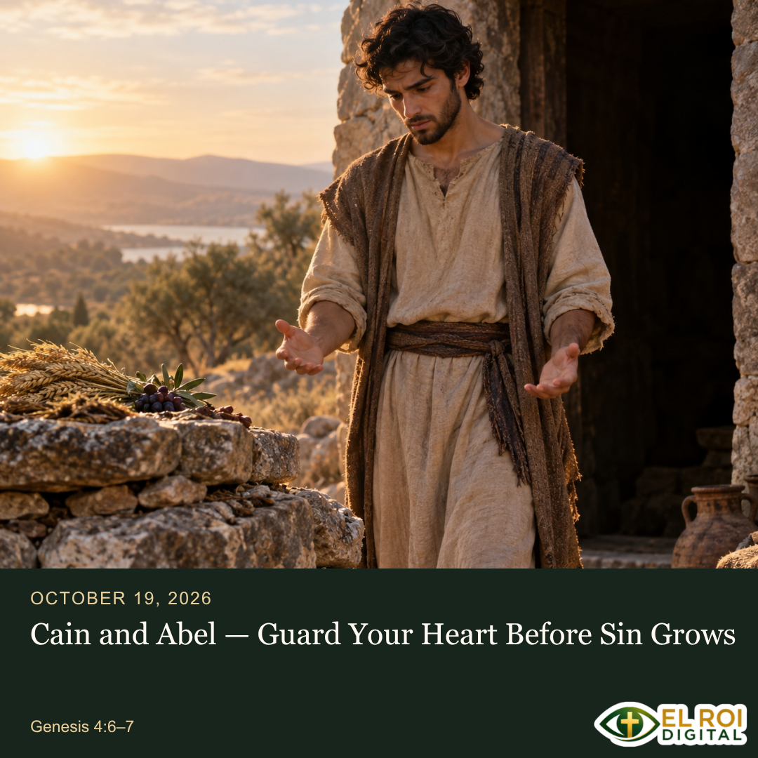 2026-10-19: Cain and Abel — Guard Your Heart Before Sin Grows — Genesis 4:6–7. El Roi Digital devotional artwork.