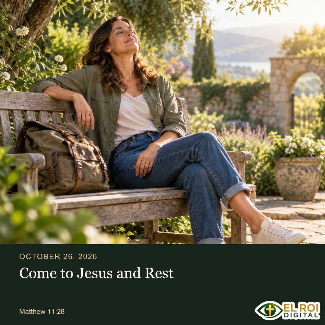 2026-10-26: Come to Jesus and Rest — Matthew 11:28. El Roi Digital devotional artwork.